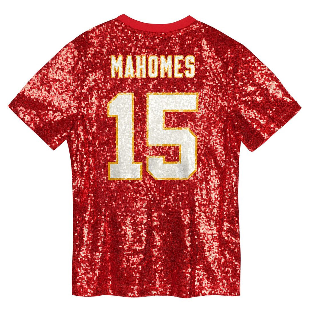 Girls' Youth Kansas City Chiefs Patrick Mahomes Red Sequin V-Neck Fashion NFL Jersey