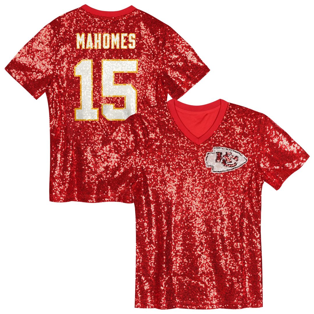 Girls' Youth Kansas City Chiefs Patrick Mahomes Red Sequin V-Neck Fashion NFL Jersey