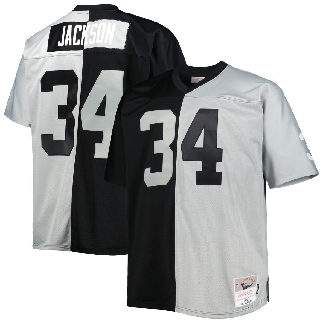 Men's Big & Tall Mitchell & Ness Las Vegas Raiders Bo Jackson Black/Silver Split Legacy Retired Player Replica NFL Jersey