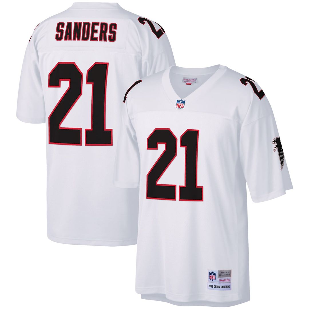 Men's Mitchell & Ness Atlanta Falcons Deion Sanders White Legacy Replica NFL Jersey