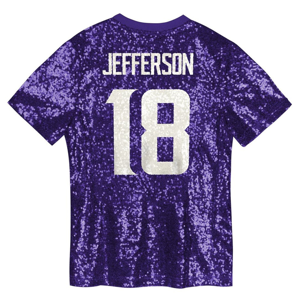Girls' Youth Minnesota Vikings Justin Jefferson Purple Sequin V-Neck Fashion NFL Jersey