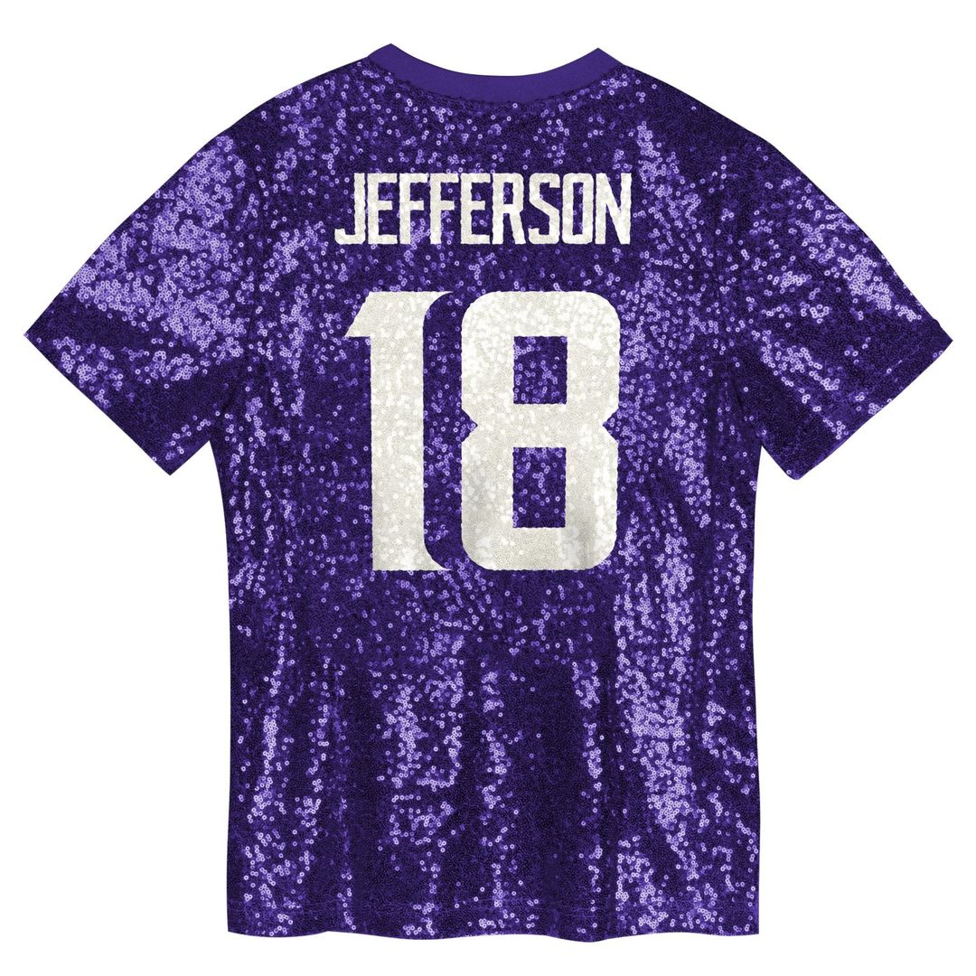 Girls' Youth Minnesota Vikings Justin Jefferson Purple Sequin V-Neck Fashion NFL Jersey