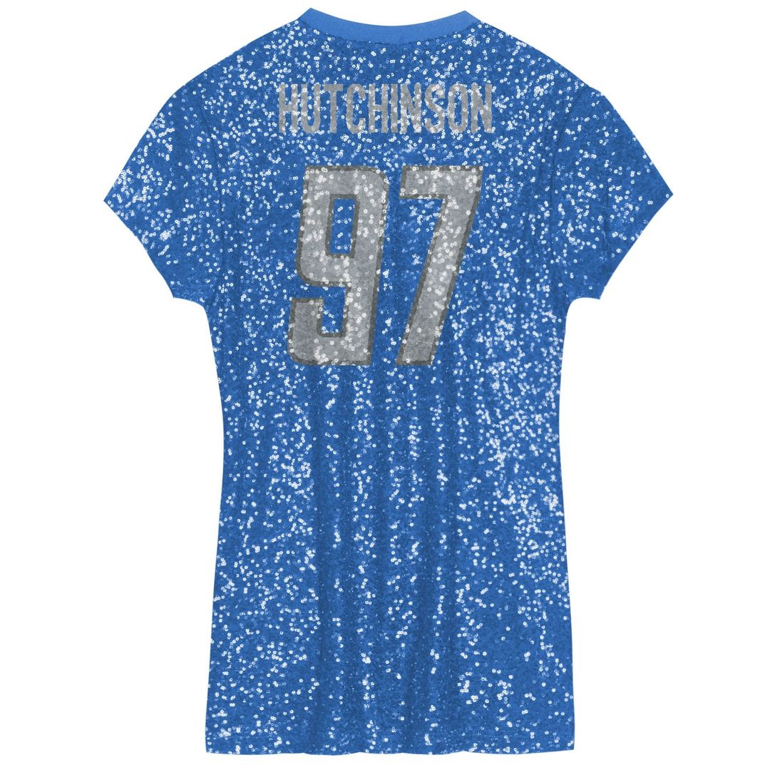 Girls' Youth Detroit Lions Aidan Hutchinson Blue Sequin Player Name & Number V-Neck Dress NFL Jersey