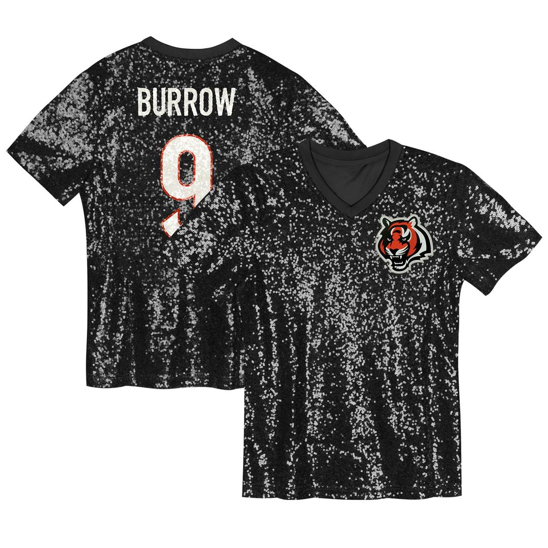 Girls' Youth Cincinnati Bengals Joe Burrow Black Sequin V-Neck Fashion NFL Jersey