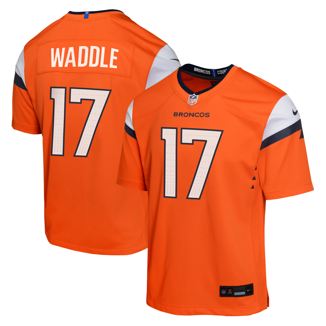 Youth Nike Denver Broncos Jaylen Waddle Orange Game NFL Jersey