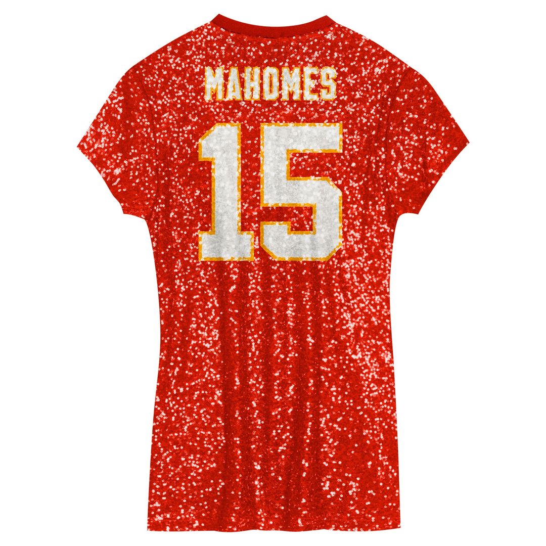 Girls' Youth Kansas City Chiefs Patrick Mahomes Red Sequin Player Name & Number V-Neck Dress NFL Jersey