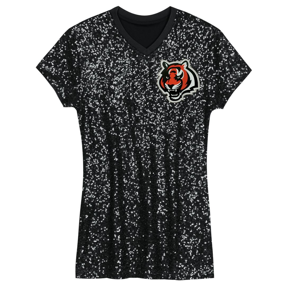 Girls' Youth Cincinnati Bengals Joe Burrow Black Sequin Player Name & Number V-Neck Dress NFL Jersey