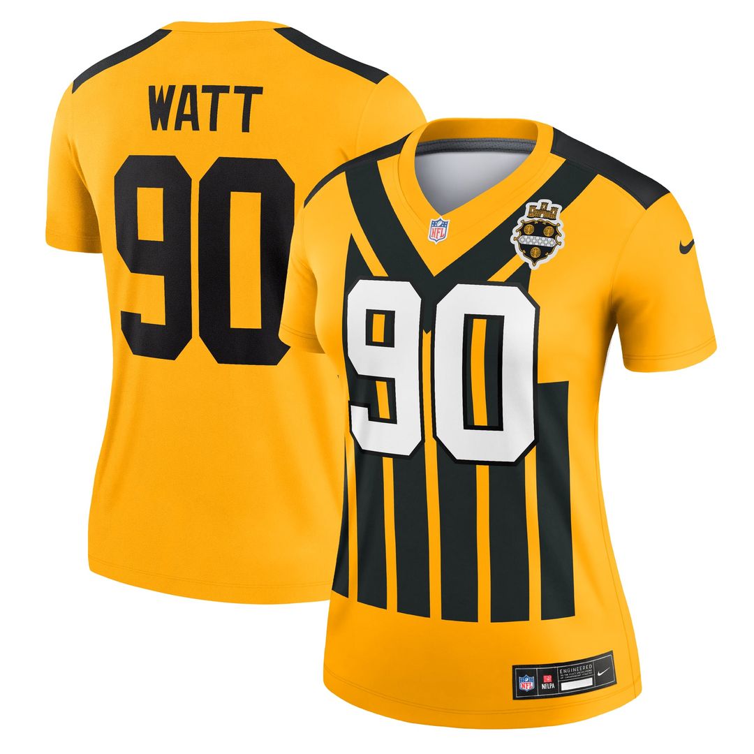 Women's Nike Pittsburgh Steelers T.J. Watt Gold Alternate 1933 Throwback Legend Player NFL Performance Top