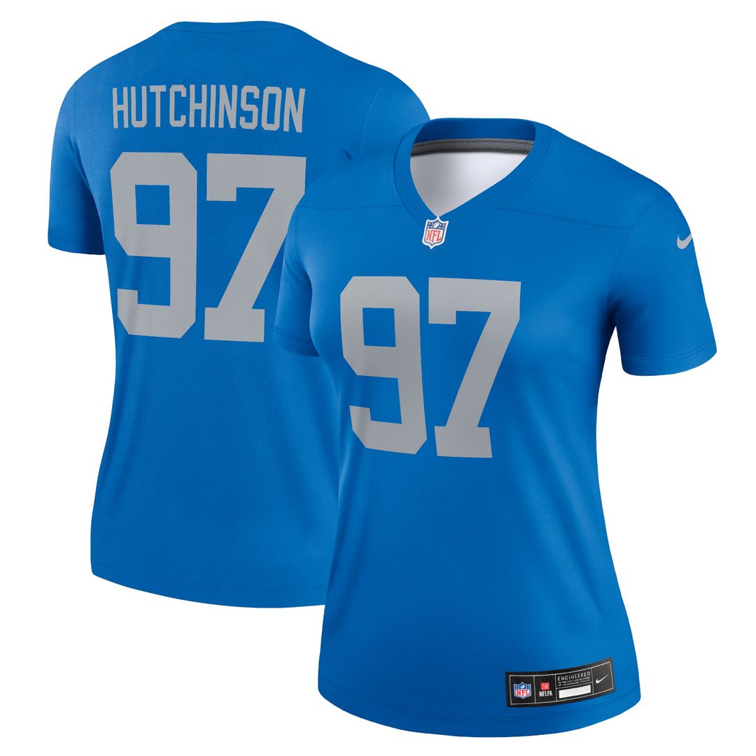 Women's Nike Detroit Lions Aidan Hutchinson Blue Alternate Legend Player NFL Performance Top