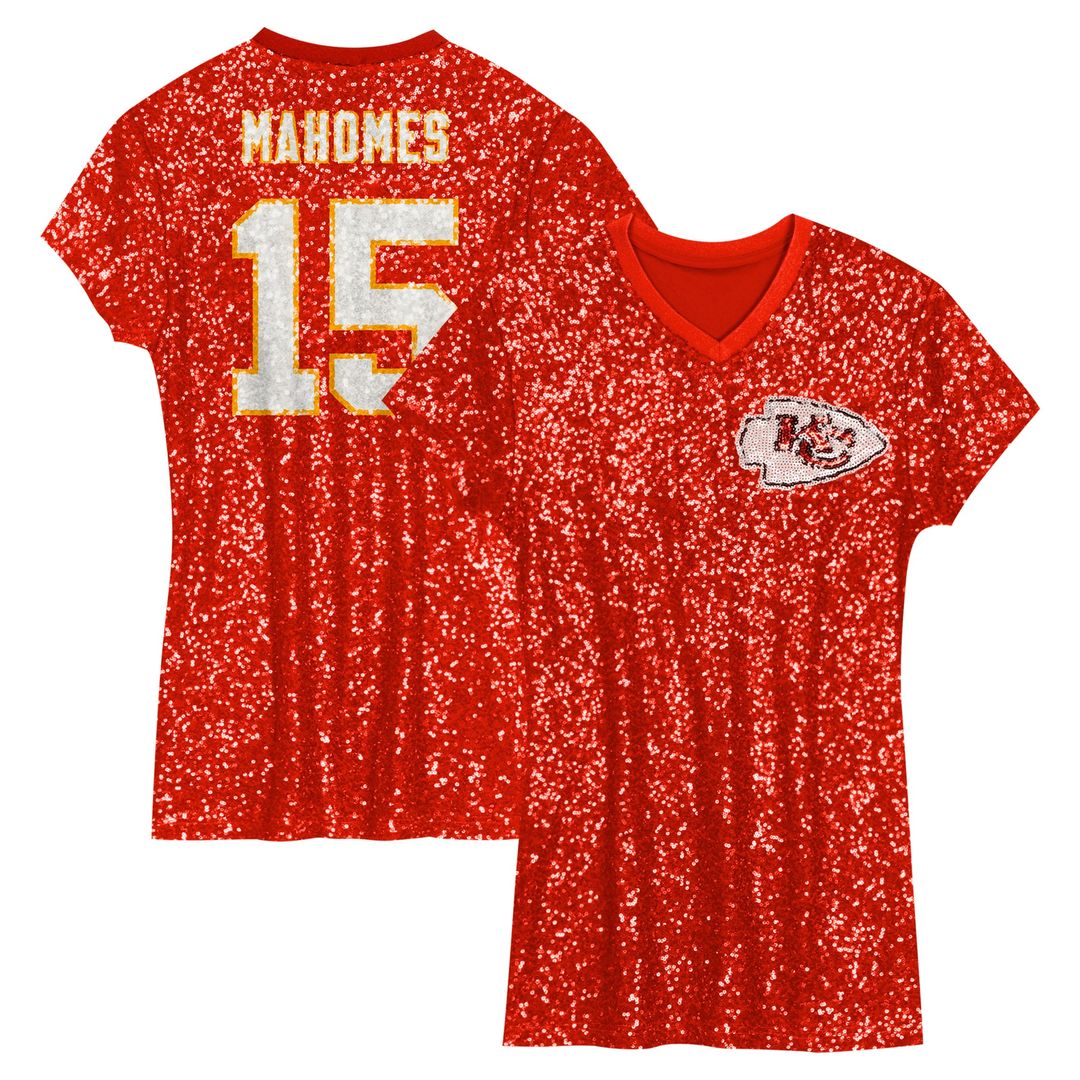Girls' Youth Kansas City Chiefs Patrick Mahomes Red Sequin Player Name & Number V-Neck Dress NFL Jersey