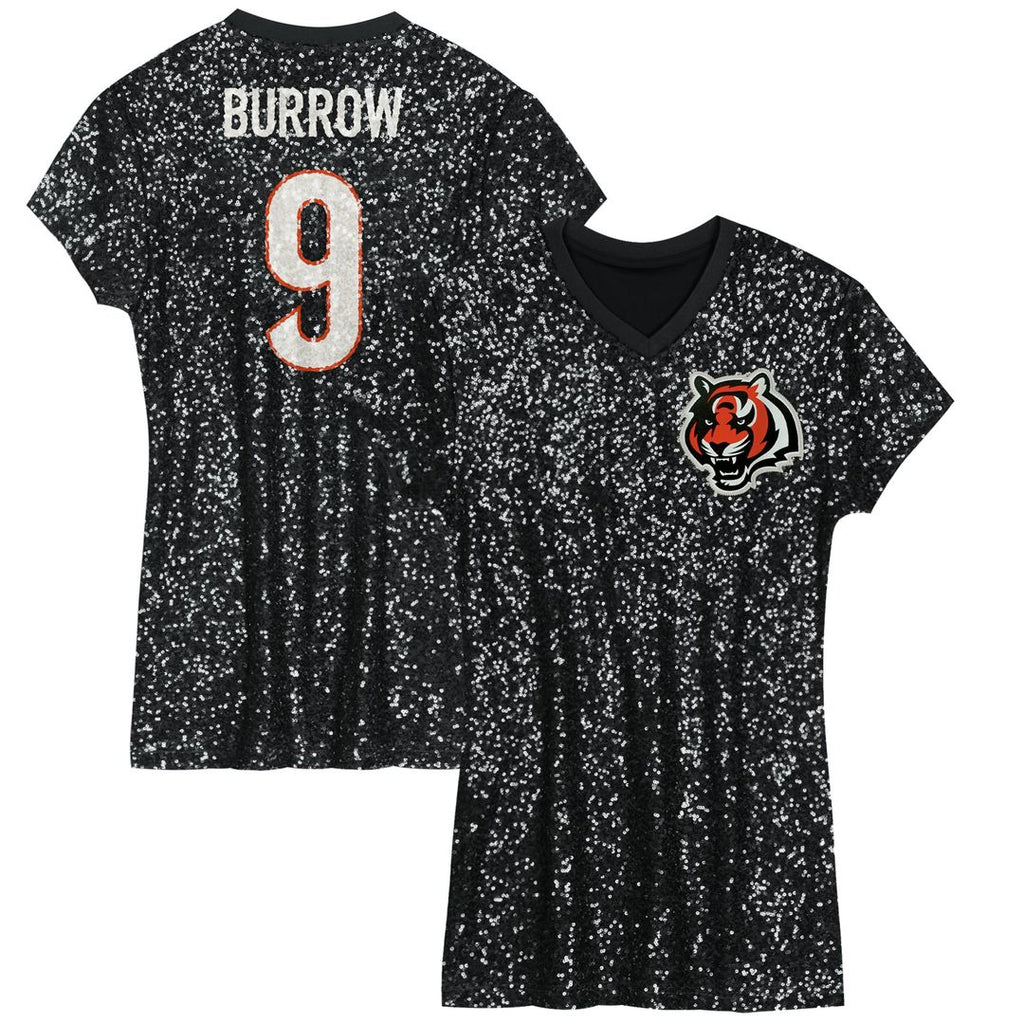 Girls' Youth Cincinnati Bengals Joe Burrow Black Sequin Player Name & Number V-Neck Dress NFL Jersey