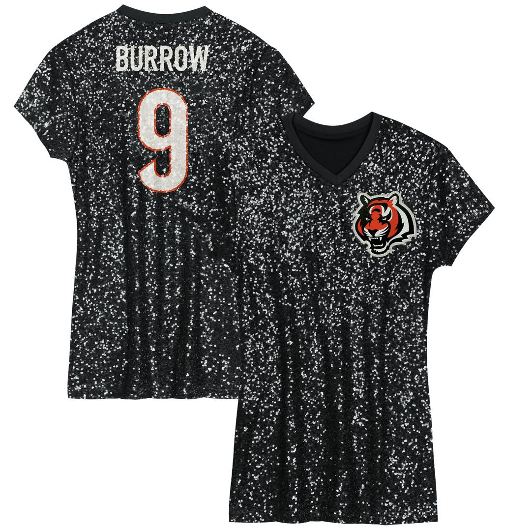 Girls' Youth Cincinnati Bengals Joe Burrow Black Sequin Player Name & Number V-Neck Dress NFL Jersey