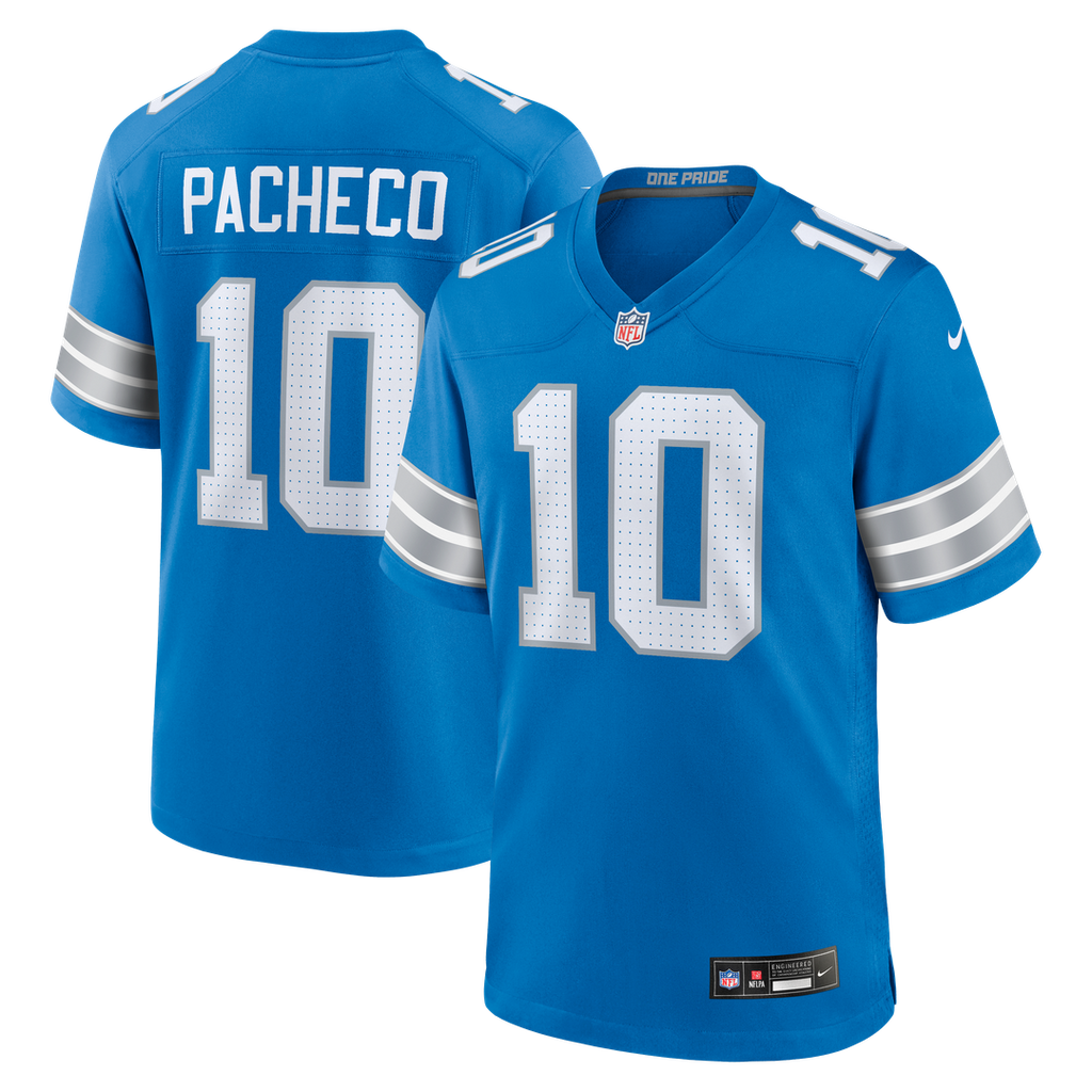 Men's Nike Detroit Lions Isiah Pacheco Blue Team Game NFL Jersey