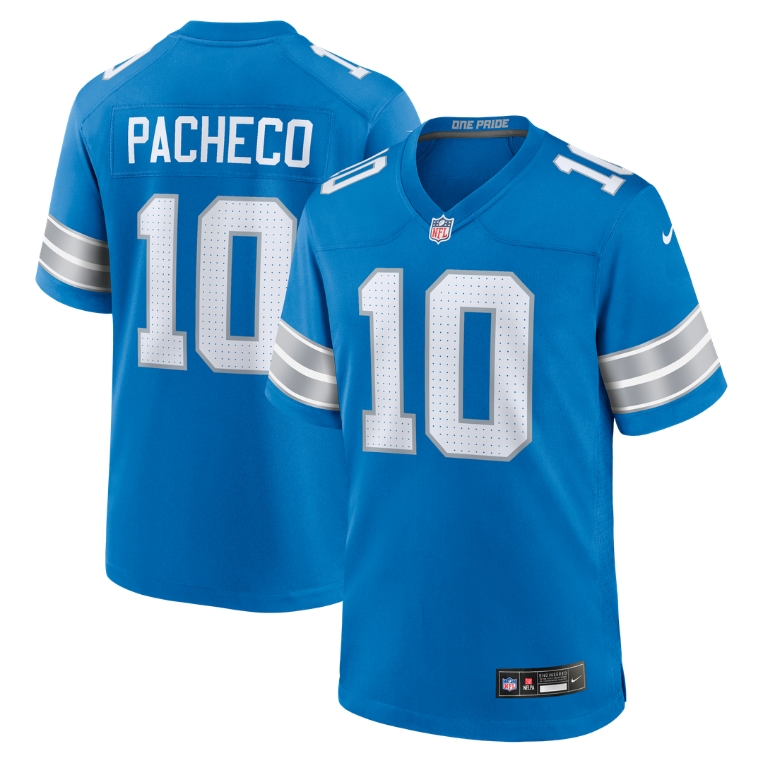 Men's Nike Detroit Lions Isiah Pacheco Blue Team Game NFL Jersey