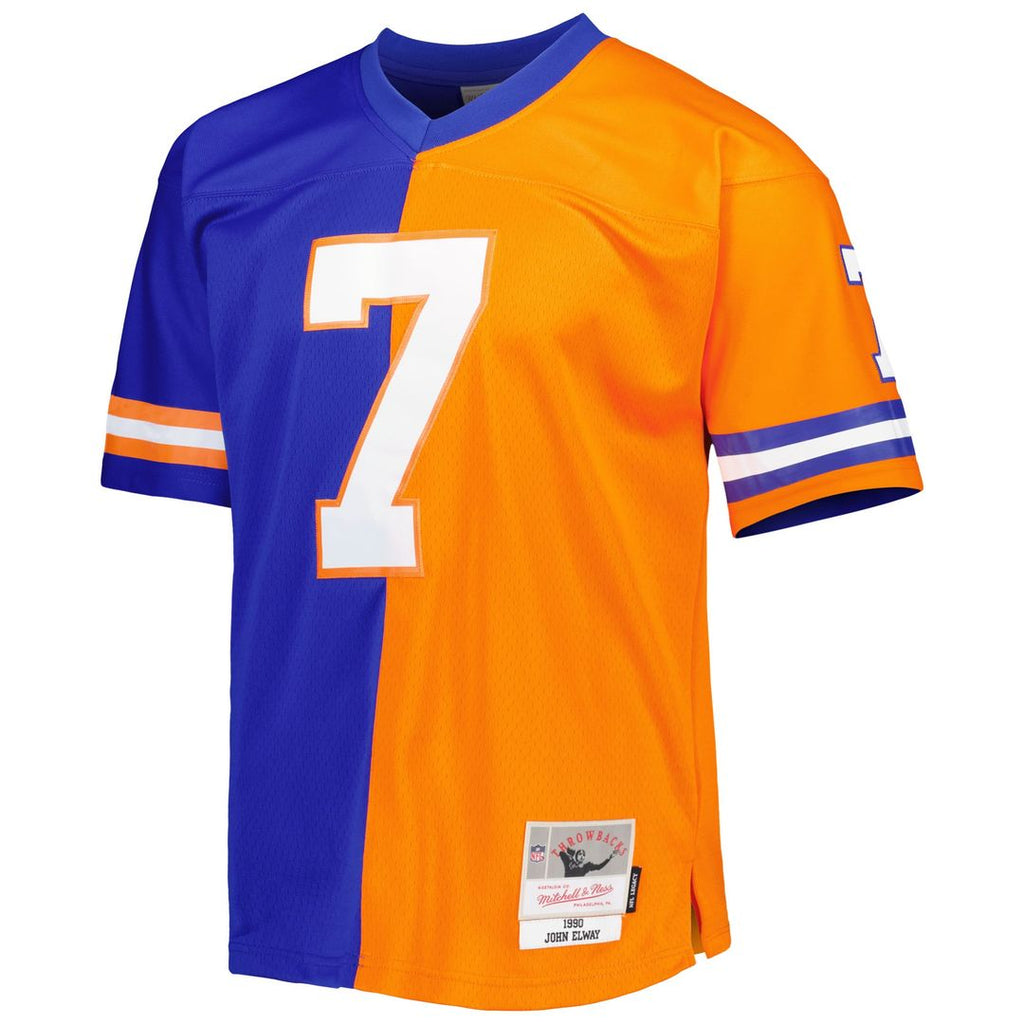 Men's Mitchell & Ness Denver Broncos John Elway Royal/Orange 1990 Split Legacy Replica NFL Jersey