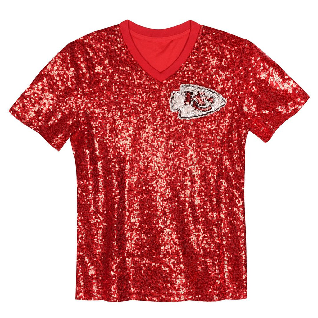 Girls' Youth Kansas City Chiefs Patrick Mahomes Red Sequin V-Neck Fashion NFL Jersey