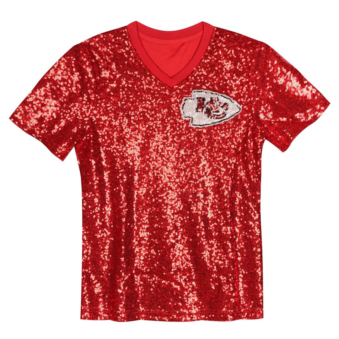 Girls' Youth Kansas City Chiefs Patrick Mahomes Red Sequin V-Neck Fashion NFL Jersey