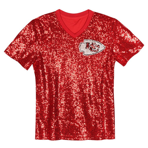 Girls' Youth Kansas City Chiefs Patrick Mahomes Red Sequin V-Neck Fashion NFL Jersey