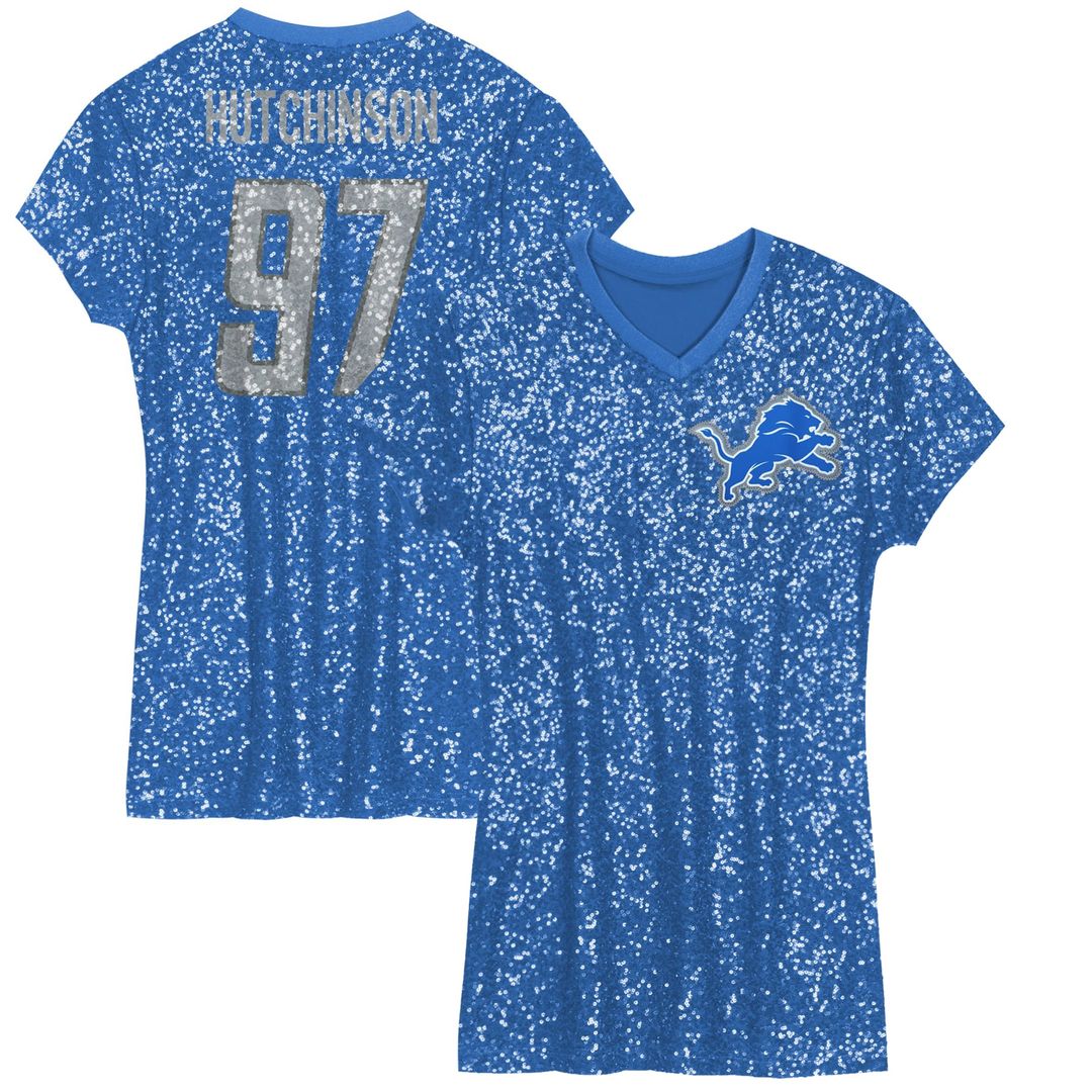 Girls' Youth Detroit Lions Aidan Hutchinson Blue Sequin Player Name & Number V-Neck Dress NFL Jersey