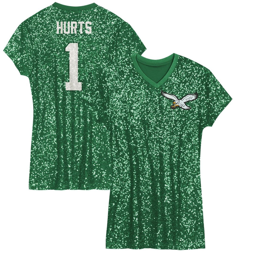 Girls' Youth Philadelphia Eagles Jalen Hurts Kelly Green Sequin Player Name & Number V-Neck Dress NFL Jersey