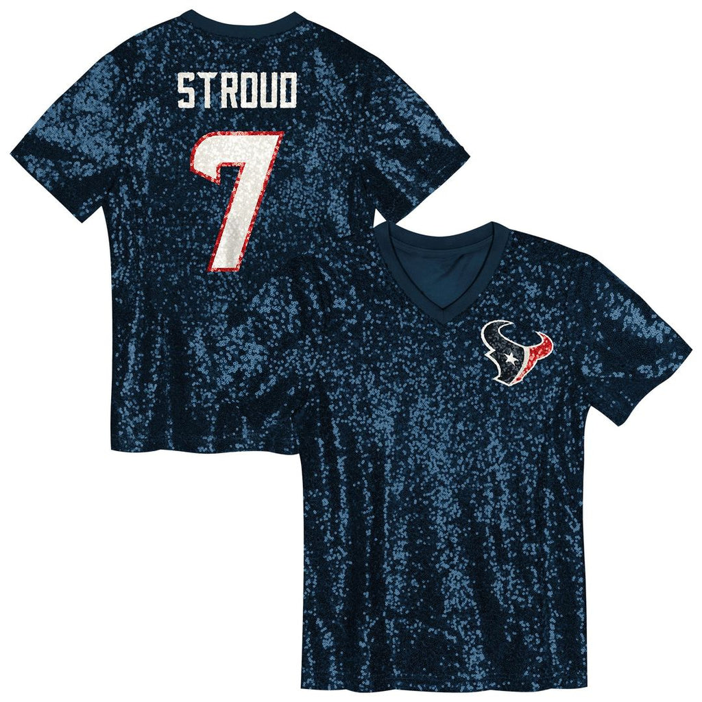 Girls' Youth Houston Texans C.J. Stroud Navy Sequin V-Neck Fashion NFL Jersey