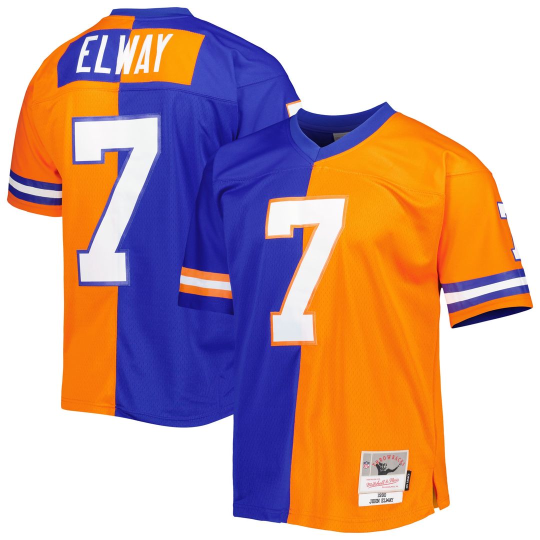 Men's Mitchell & Ness Denver Broncos John Elway Royal/Orange 1990 Split Legacy Replica NFL Jersey
