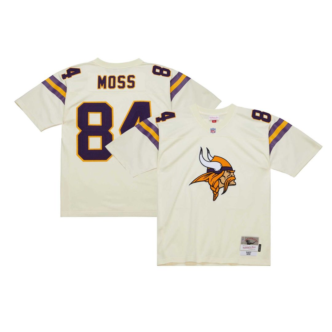 Men's Mitchell & Ness Minnesota Vikings Randy Moss Cream Chainstitch Legacy NFL Jersey