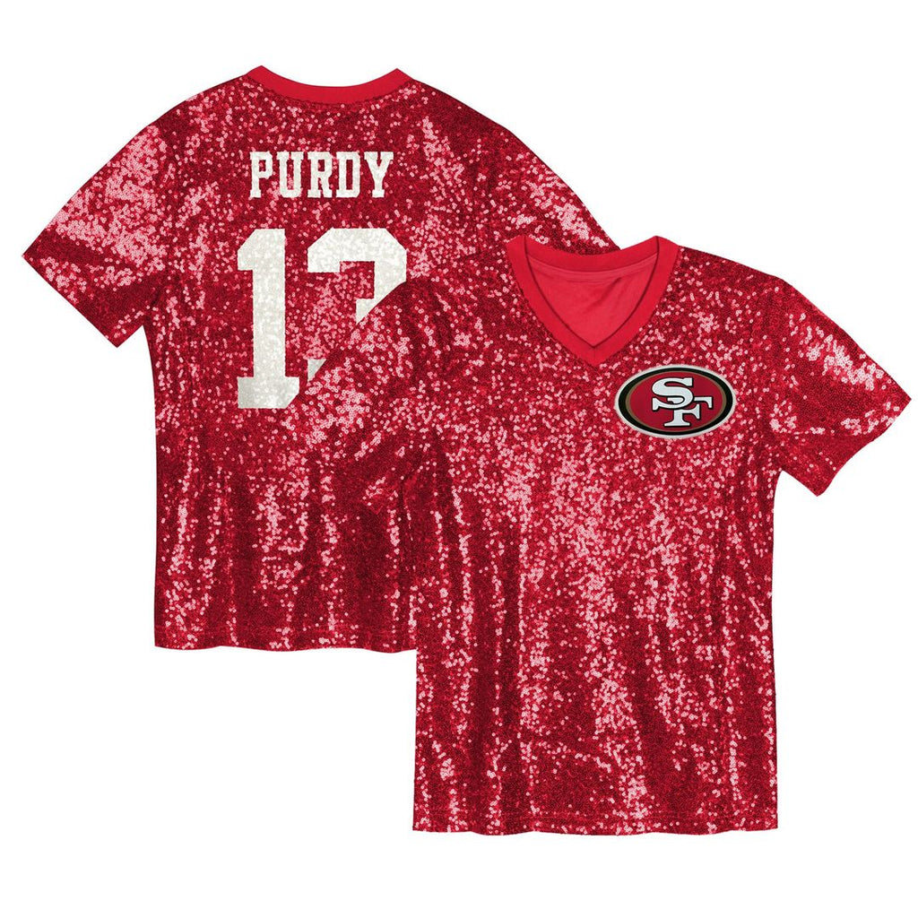 Girls' Youth San Francisco 49ers Brock Purdy Scarlet Sequin V-Neck Fashion NFL Jersey