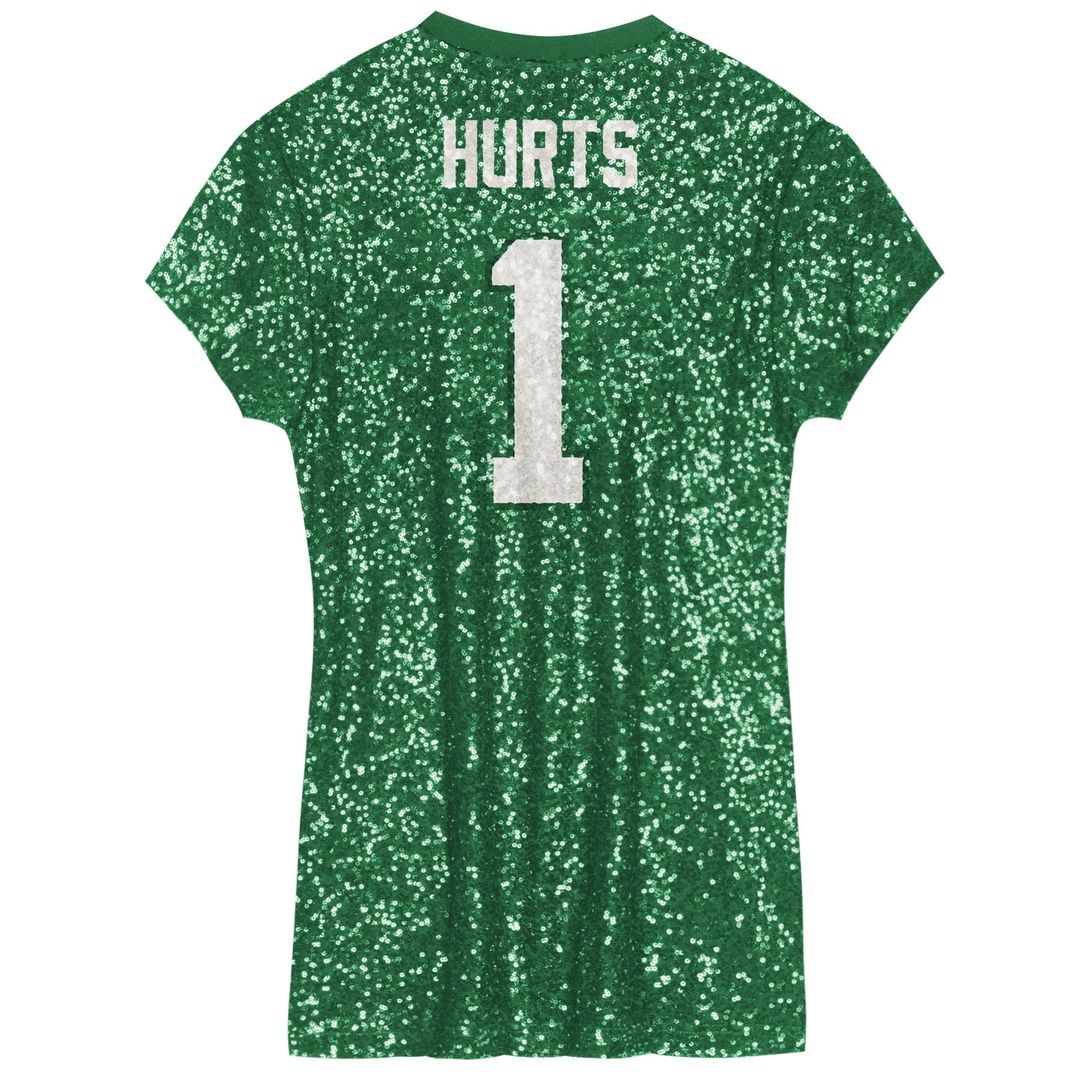 Girls' Youth Philadelphia Eagles Jalen Hurts Kelly Green Sequin Player Name & Number V-Neck Dress NFL Jersey