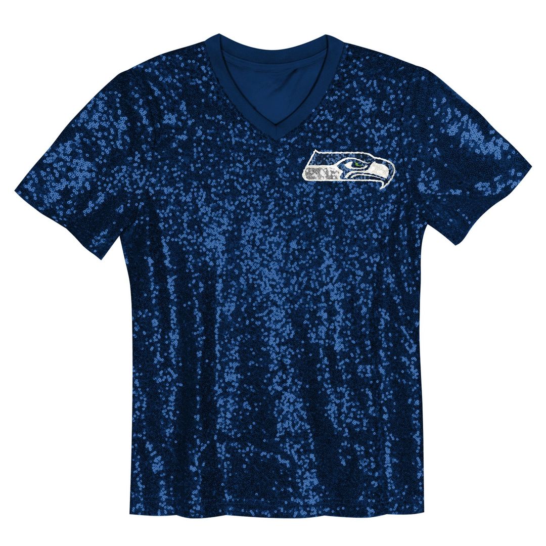 Girls' Youth Seattle Seahawks 12 Fan College Navy Sequin V-Neck Fashion NFL Jersey