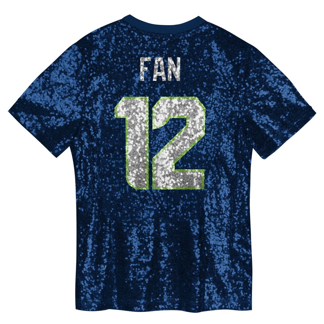 Girls' Youth Seattle Seahawks 12 Fan College Navy Sequin V-Neck Fashion NFL Jersey