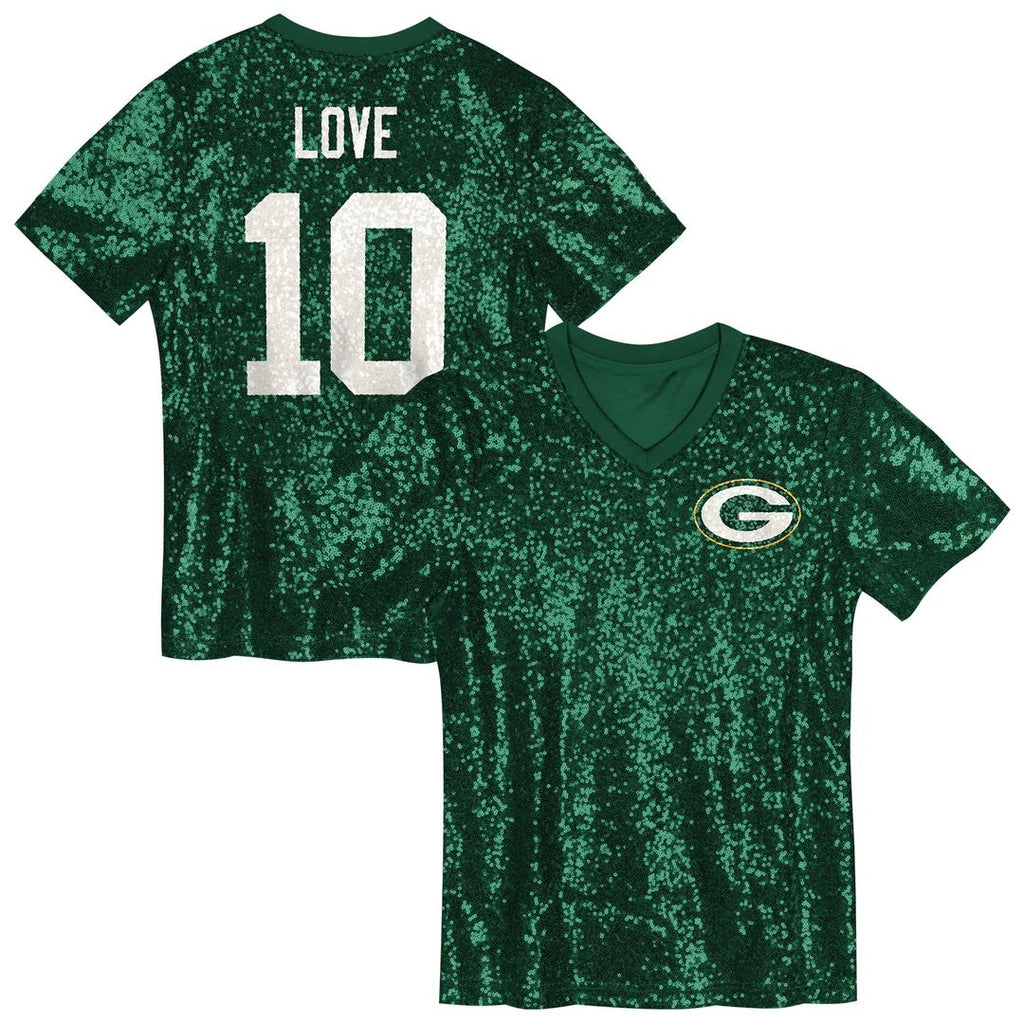 Girls' Youth Green Bay Packers Jordan Love Green Sequin V-Neck Fashion NFL Jersey
