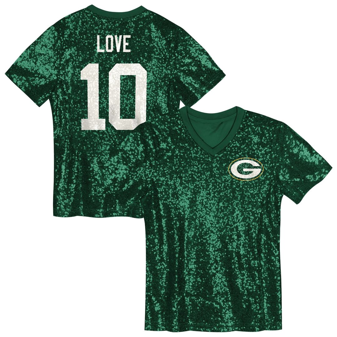 Girls' Youth Green Bay Packers Jordan Love Green Sequin V-Neck Fashion NFL Jersey