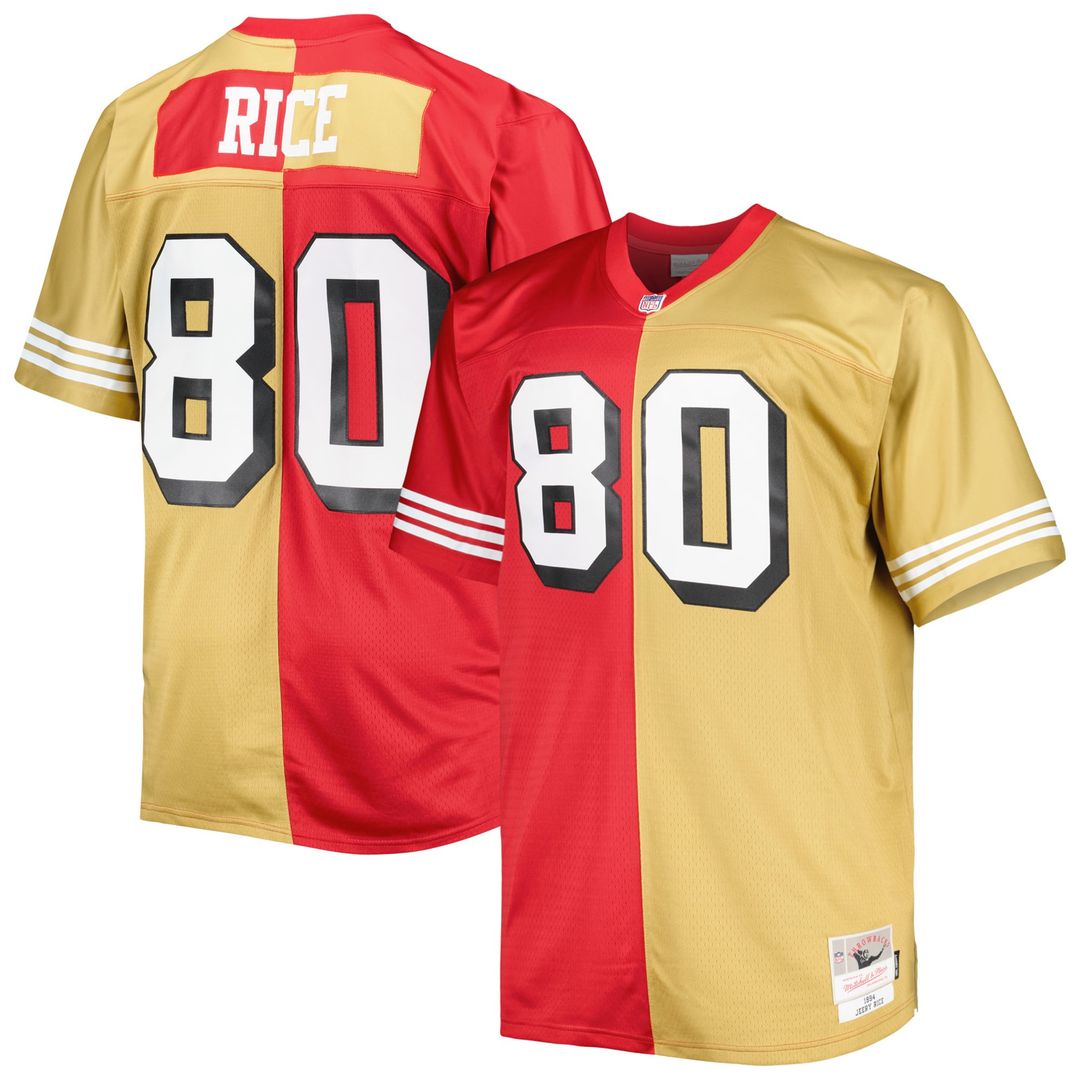 Men's Big & Tall Mitchell & Ness San Francisco 49ers Jerry Rice Scarlet/Gold Split Legacy Retired Player Replica NFL Jersey