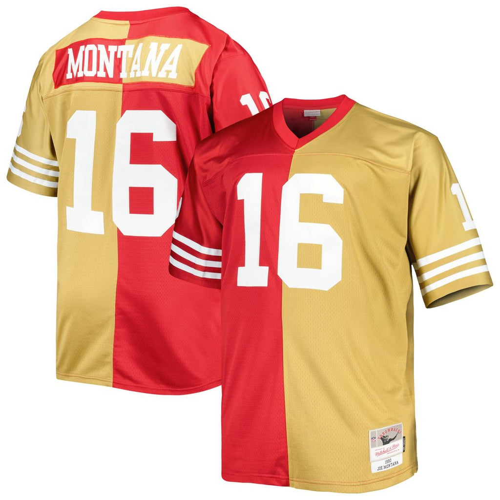 Men's Big & Tall Mitchell & Ness San Francisco 49ers Joe Montana Scarlet/Gold Split Legacy Retired Player Replica NFL Jersey