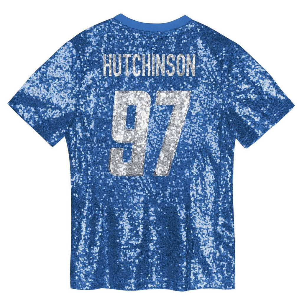 Girls' Youth Detroit Lions Aidan Hutchinson Blue Sequin V-Neck Fashion NFL Jersey