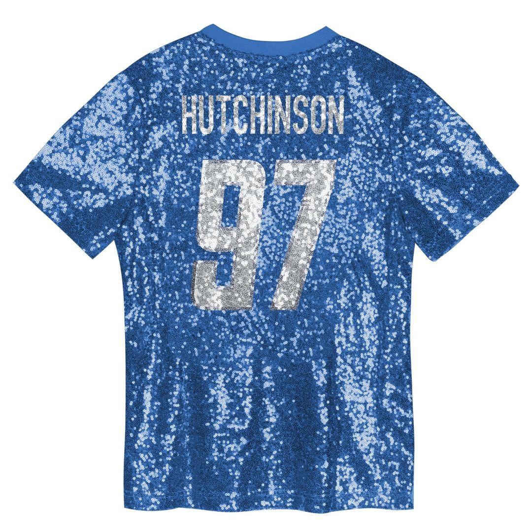 Girls' Youth Detroit Lions Aidan Hutchinson Blue Sequin V-Neck Fashion NFL Jersey