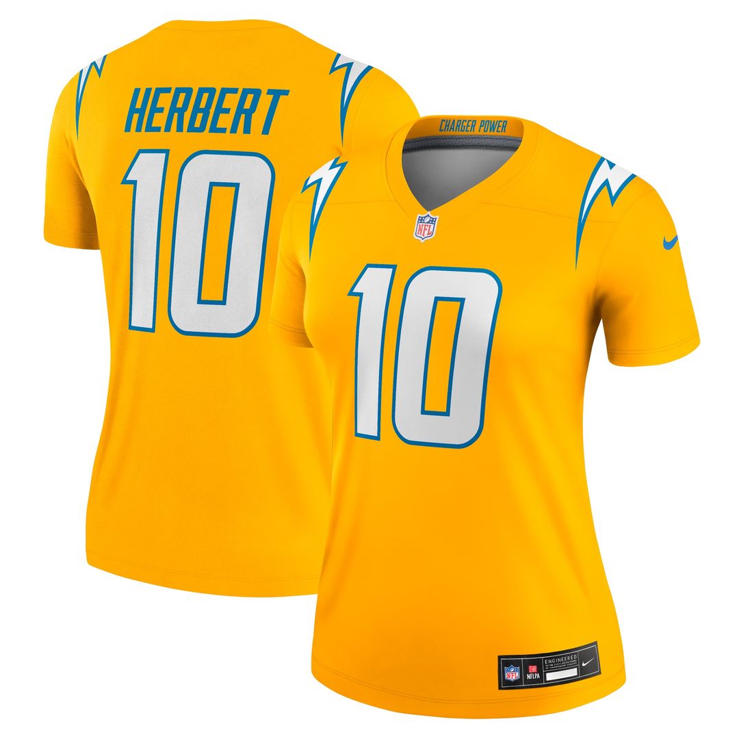 Women's Nike Los Angeles Chargers Justin Herbert Gold Alternate Charger Power Legend Player NFL Performance Top