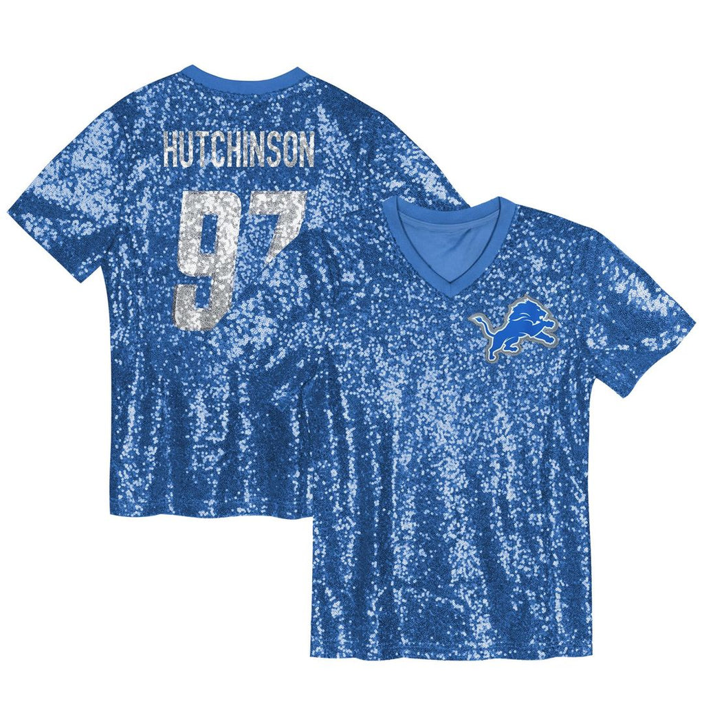 Girls' Youth Detroit Lions Aidan Hutchinson Blue Sequin V-Neck Fashion NFL Jersey