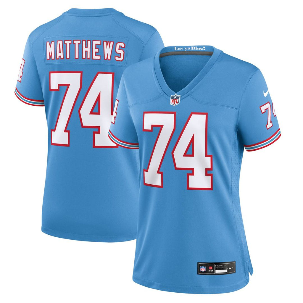 Women's Nike Tennessee Titans Bruce Matthews Light Blue Oilers Throwback Retired Player Game NFL Jersey