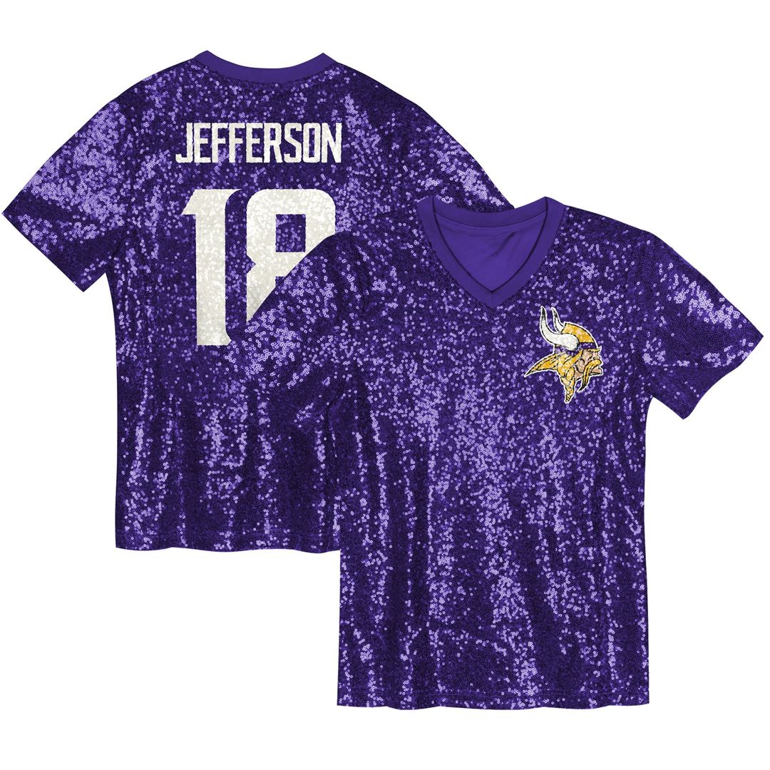 Girls' Youth Minnesota Vikings Justin Jefferson Purple Sequin V-Neck Fashion NFL Jersey
