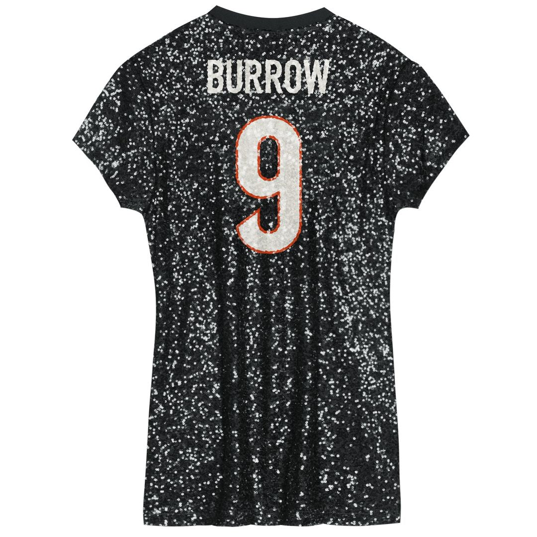Girls' Youth Cincinnati Bengals Joe Burrow Black Sequin Player Name & Number V-Neck Dress NFL Jersey